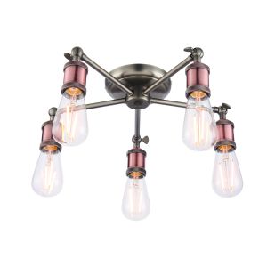 Hal 5 Light E27 Aged Pewter & Aged Copper Semi Flush Ceiling Light With Adjustable Heads