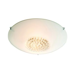 Nya 2 Light E27 Flush Ceiling Light C/W White Glass Shade With Clear Faceted Glass Details