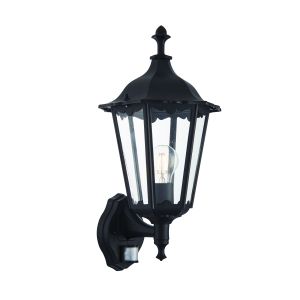 Burfold 1 Light E27 Matt Black Die Cast IP44 Outdoor Upward Wall Lantern Light With PIR & Clear Glass Panels