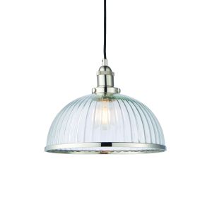 Hansen 1 Light E27 Bright Nickel Single Adjustable Pendant With Clear Ribbed Glass Shade