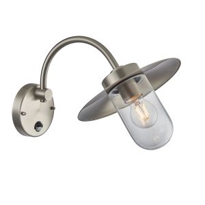 Lincoln 1 Light E27 Brushed Stainless Steel IP44 Outdoor Wall Light With PIR & Clear Glass Shade