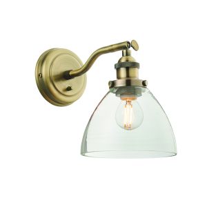 Hansen 1 Light E27 Antique Brass Wall Light With Toggle Switch & With Clear Glass Shade