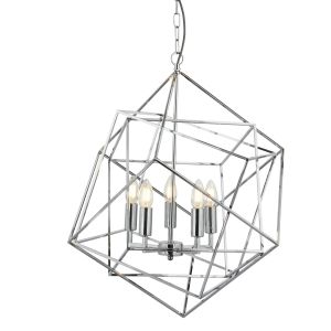 Cube 5 Light Pendant, Geometric Cube Frame, Chrome