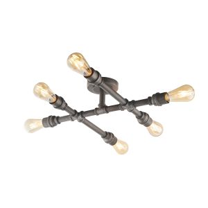 Pipe 6 Light E27 Aged Pewter Finish Crossbar Flush Fitting In An Industrial Look