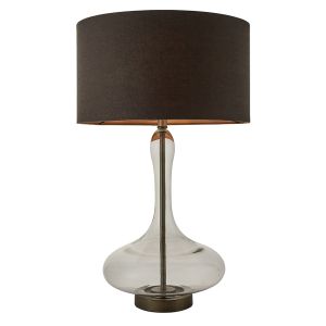Caia 1 Light E27 Smokey Grey Tinted Glass Table Lamp With Aged Pewter Plated Finish C/W Faux Linen Dark Charcoal Shade