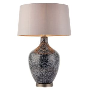 Ilsa 1 Light E27 Black With Grey Speckled Glass With Matt Nickel Metal Work Table Lamp C/W Mink Faux Shade