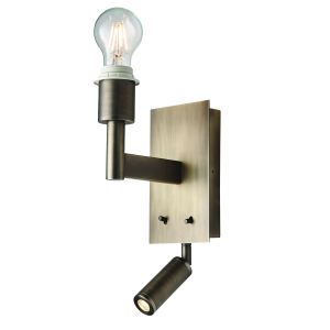 Owen 2 Light, E27 Antique Brass Double Switched Wall Light With LED Integrated Adjustable Reader Light
