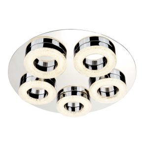 Dimmable Polo LED 5 Ring Ceiling Flush, Chrome, Clear Acrylic