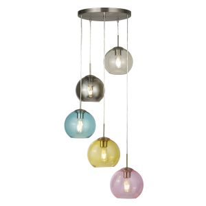 Mardi Gras 5 Light Pendant, Satin Silver With Multi Coloured Glass