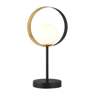 1 Light Matt Black And Golf Leaf Table Lamp With Opal Glass Globe Shade