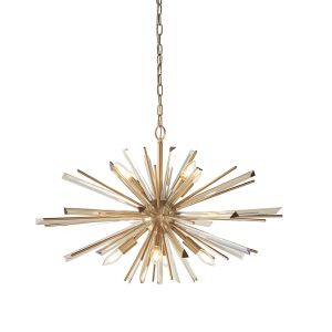 Skyros 8 Light E14 Antique Brass Plated Adjustable Pendant With Champagne Triangular Prism Glass & Antique Brass Decorative Rods