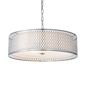 Cordero 5 Light E27 Satin Nickel Adjustable Pendant With White Fabric Inner Shade & Frosted Glass Diffuser