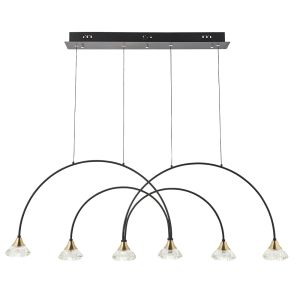 Bella 6 Light 2.7W, 3000K, 1154lm Matt Black With Brushed Brass Detail Adjustable Linear Pendant With Clear Crystal Glass Shades