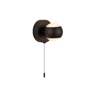 Flare 1 Light LED Integrated Bathroom IP44 Wall Light With Pull Cord Switch Black Metal With Acid Glass