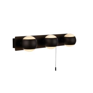 Flare 3 Light LED Integrated Bathroom IP44 Wall Light Black Metal With Acid Glass And Pull Cord Switch