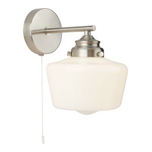 1 Light School House Wall Light, Satin Silver With Opal Glass