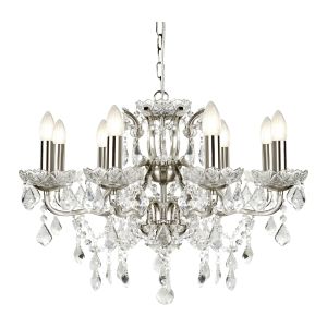 Paris 8 Light Chandelier, Clear Crystal Drops & Trim, Satin Silver