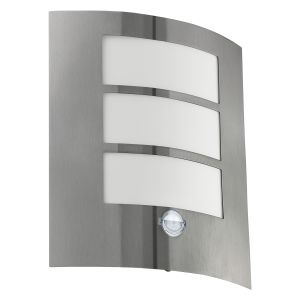 City 1 Light E27 PIR Sensor IP44 Outdoor Wall Light Stainless Steel With White Plastic Diffuser