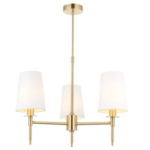 Chao 3 Light E14 Satin Brass Adjustable Telescopic Pendant With Vintage White Fabric Shades