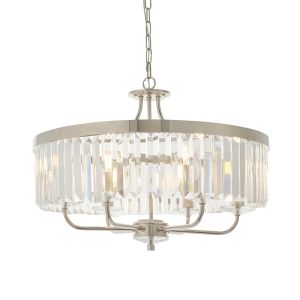 Ovel 6 Light E14 Bright Nickel Adjustable Chandelier With Decorative Clear Cut Faceted Glass