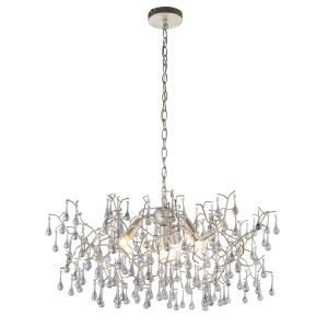 Hester 4 Light E14 Aged Silver Adjustable Branch Chandelier With Smokey Grey Tinted Glass Droplets
