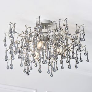 Lester 3 Light E14 Aged Silver Semi Flush Branch Chandelier With Smokey Grey Tinted Glass Droplets