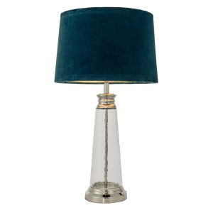 Winslet 1 Light E27 Clear Hammered Column With Bright Nickel Table Lamp C/W Teal Velvert Shade With Inline Switch