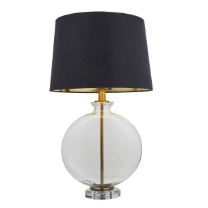 Gideon 1 Light E27 Clear Glass Table Lemap With Antique Brass Finsihed Metalwork C/W Black Faux Tapered Cyclinder Shade