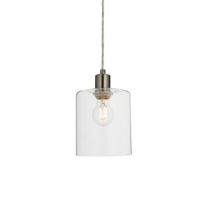 Heim 1 Light E27 Brushed Nickel Pendant With Clear Glass Shade