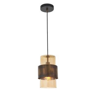 Ongio 1 Light E27 Antique Brass Patina Adjustable Pendant With Champagne Lustre Glass Shade
