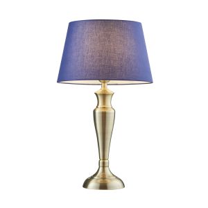 Oslo Large 1 Light E27 Antique Brass Table Lamp C/W Evie 14" Navy Cotton Tapered Shade