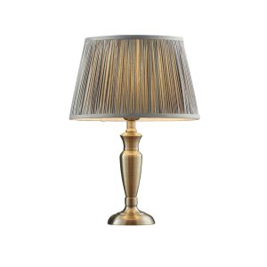 Oslo Small 1 Light E27 Antique Brass Table Lamp C/W Freya 12" Charcoal Grey Silk Pleated Shade