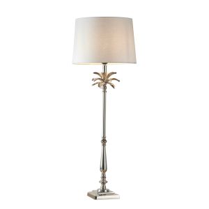 Leaf Tall Chic Leaf 1 Light E27 Polished Nickel Table Lamp C/W Evie 14" Vintage White 100% Linen Shade