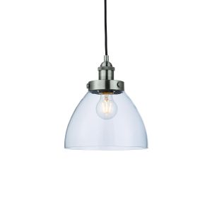 Hansen 1 Light E27 Brushed Silver Painted Metalwork With Knurled Detailed & Clear Glass Pendant