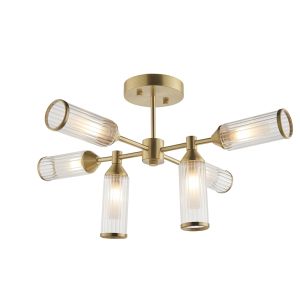 Duomo 6 Light G9 Satin Brass Semi Flush Pendant With Ribbed & Frosted Glass Shades