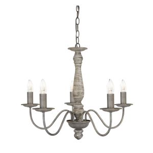 Sycamore 5 Light Ceiling, Wood Spindle Column, Washed Grey