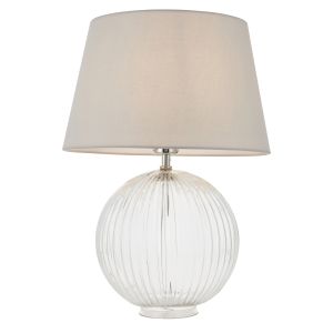 Jemma 1 Light E27 Clear Ribbed Sphere Glass Base With Satin Nickel Table Lamp C/W Evie 14" Pale Grey Cotton Tapered Shade