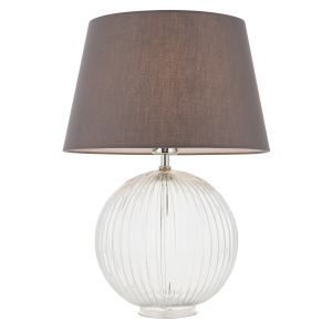 Jemma 1 Light E27 Clear Ribbed Sphere Glass Base With Satin Nickel Table Lamp C/W Evie 14" Charcoal Cotton Tapered Shade