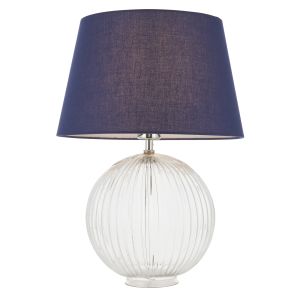 Jemma 1 Light E27 Clear Ribbed Sphere Glass Base With Satin Nickel Table Lamp C/W Evie 14" Navy Cotton Tapered Shade