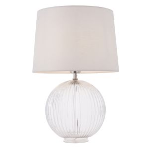 Jemma 1 Light E27 Clear Ribbed Sphere Glass Base With Satin Nickel Table Lamp C/W Mia 14" Vintage White 100% Linen Tapered Shade