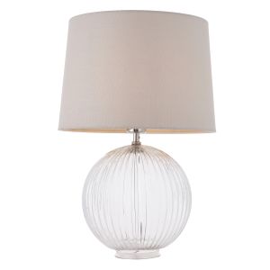 Jemma 1 Light E27 Clear Ribbed Sphere Glass Base With Satin Nickel Table Lamp C/W Mia 14" Natural 100% Linen Tapered Shade