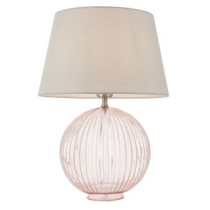 Jemma 1 Light E27  Dusky Pink Tinted Ribbed Sphere Glass Base With Satin Nickel Table Lamp C/W Evie 14" Grey Cotton Tapered Shade