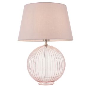 Jemma 1 Light E27  Dusky Pink Tinted Ribbed Sphere Glass Base With Satin Nickel Table Lamp C/W Evie 14" Pink Cotton Tapered Shade