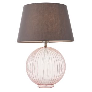 Jemma 1 Light E27  Dusky Pink Tinted Ribbed Sphere Glass Base With Satin Nickel Table Lamp C/W Evie 14" Charcoal Cotton Tapered Shade