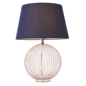 Jemma 1 Light E27  Dusky Pink Tinted Ribbed Sphere Glass Base With Satin Nickel Table Lamp C/W Evie 14" Navy Cotton Tapered Shade