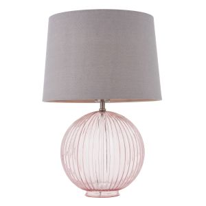 Jemma 1 Light E27 Dusky Pink Ribbed Sphere Glass Base With Satin Nickel Table Lamp C/W Mia 14" Charcoal 100% Linen Tapered Shade