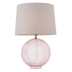 Jemma 1 Light E27 Dusky Pink Ribbed Sphere Glass Base With Satin Nickel Table Lamp C/W Mia 14" Natural 100% Linen Tapered Shade