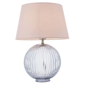 Jemma 1 Light E27 Smokey Grey Tinted Ribbed Sphere Glass Base With Satin Nickel Table Lamp C/W Evie 14" Pink Cotton Tapered Shade