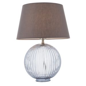 Jemma 1 Light E27 Smokey Grey Tinted Ribbed Sphere Glass Base With Satin Nickel Table Lamp C/W Evie 14" Charcoal Cotton Tapered Shade