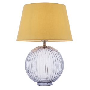 Jemma 1 Light E27 Smokey Grey Tinted Ribbed Sphere Glass Base With Satin Nickel Table Lamp C/W Evie 14" Yellow Cotton Tapered Shade